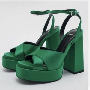 Green Emerald Satin Platform Chunk Heel Zara